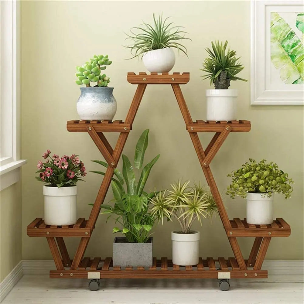 Movable Wooden Triangular Plant Stand